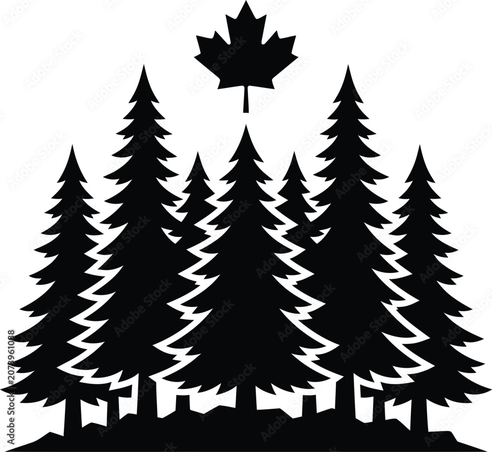 Obraz premium Canada forest, pine tree silhouettes, maple leaf icon, black vector graphics