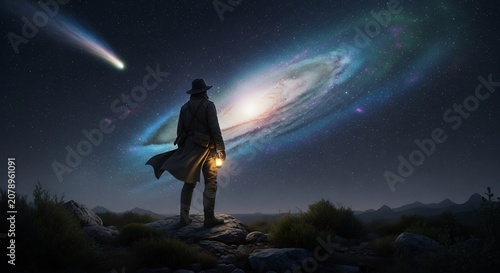 Lone figure standing on a rocky outcrop watching a vibrant spiral galaxy and comet.