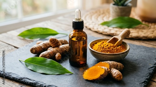 Turmeric essential oil bottle with fresh roots and powder