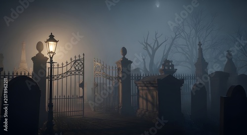 Mysterious gothic graveyard entrance with ornate iron gates and a vintage lamp post in thick night fog