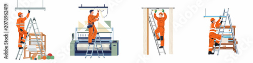 Flat illustration set of electricians in orange uniforms repairing and installing lighting fixtures on ladders in industrial and textile manufacturing environments.