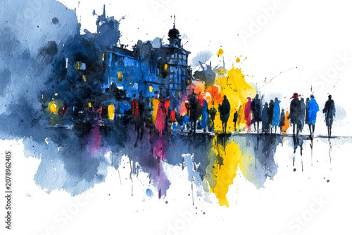 Abstract Watercolor Painting of Cityscape with Silhouetted Figures