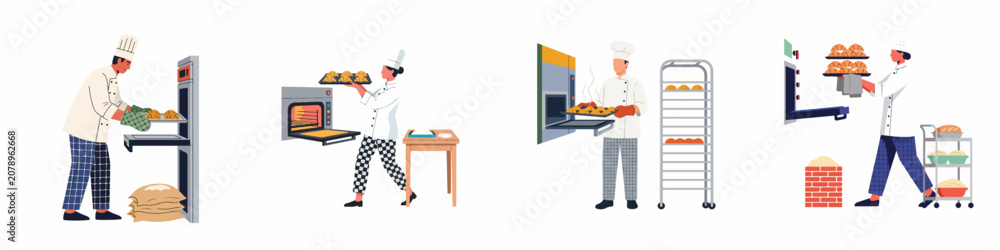 Fototapeta premium Set of professional bakers and pastry chefs working in a bakery, baking fresh bread and croissants in industrial ovens.