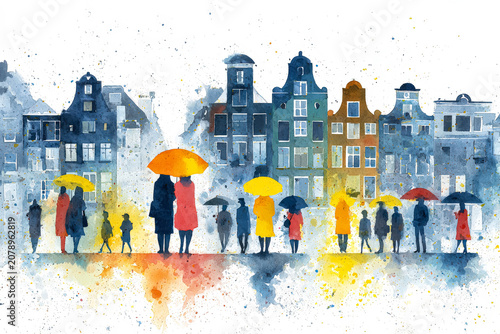 Colorful Watercolor Illustration of People with Umbrellas in Cityscape