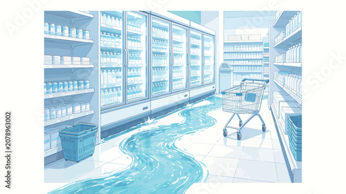 Blue-Toned Grocery Store Aisle with Flowing Water, Shopping Cart, and Empty Shelves