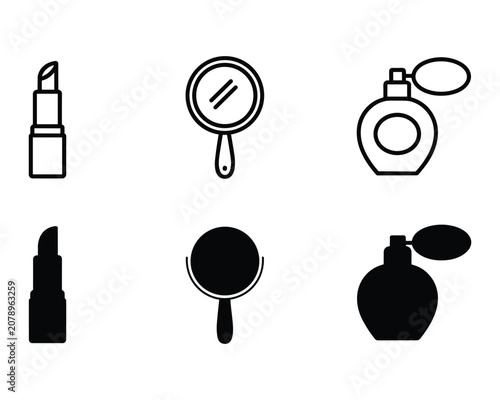 Black and solid line art makeup products and accessories icons