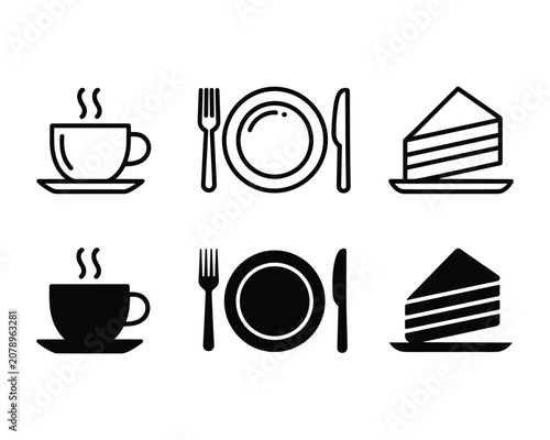 Black and solid line icons of food and dishware on white background