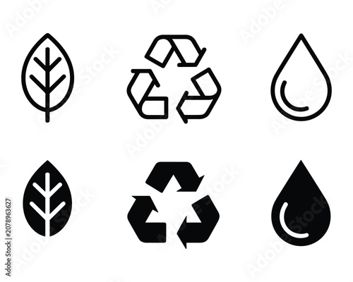 Eco friendly symbols for recycling water and leaf conservation