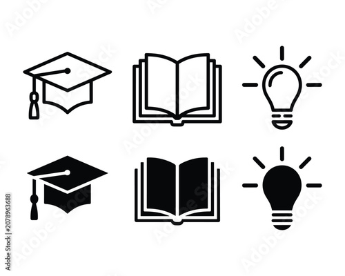 Education icons with graduation cap book and light bulb on white background