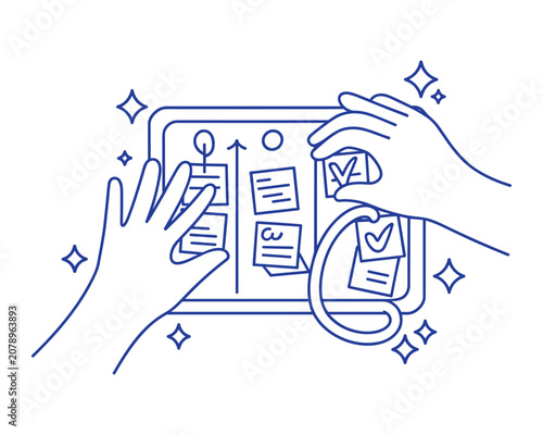 Hands interacting with a digital tablet and magnifying checklist  digital analysis and verification
