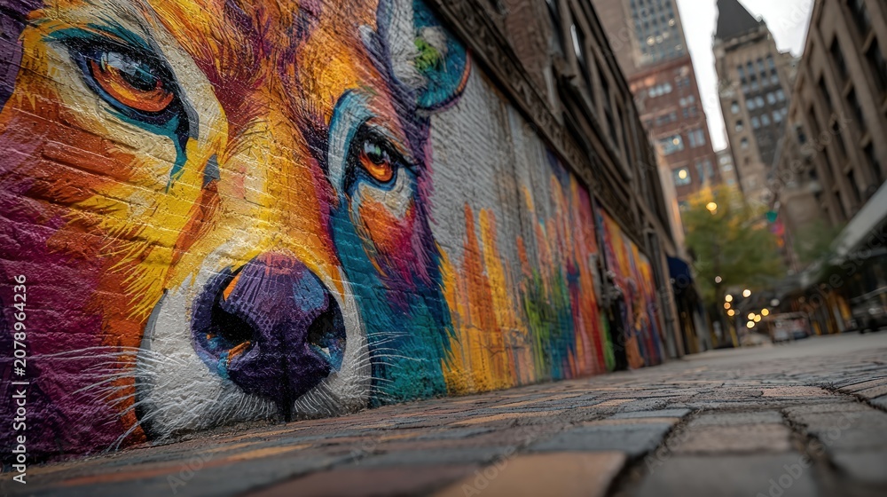 Fototapeta premium Vibrant street art wolf mural.