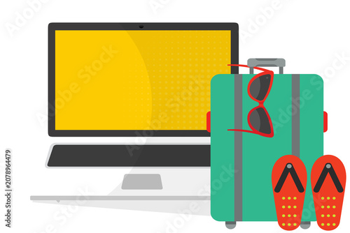 Summer Vacation Online Booking. Laptop with Suitcase and Sunglasses Vector