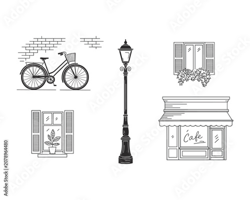 Urban city street scene with bicycle lamp post and cafe