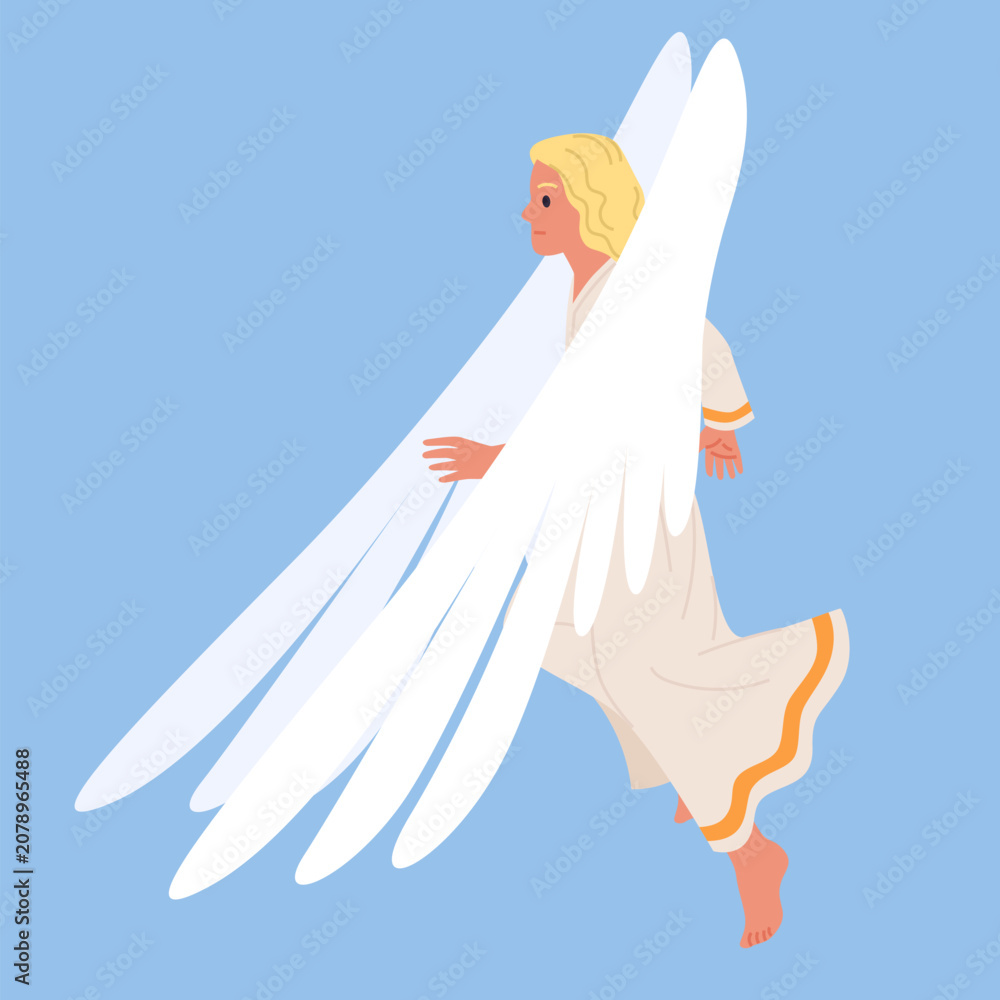 Fototapeta premium Blonde angel in white robe flying with large wings on blue background vector illustration