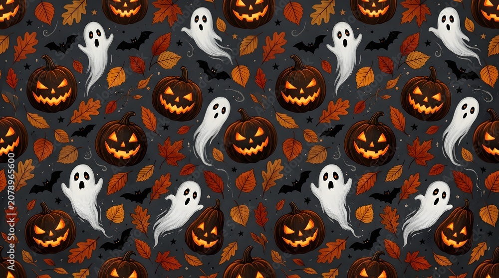 Fototapeta premium Seamless halloween pattern with spooky jackolanterns, ghosts, bats, and autumn leaves on a dark grey background