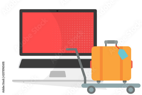 Online Travel Booking Concept. Computer Monitor and Luggage Vector Illustration