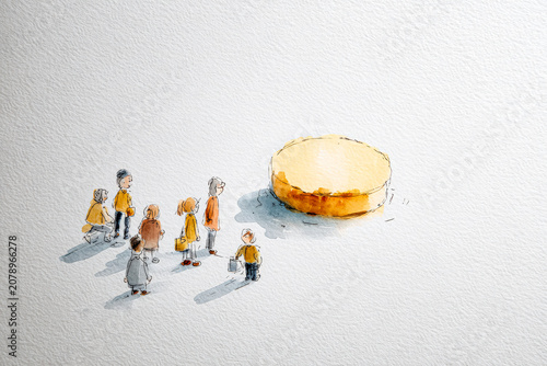 Group of People Observing Large Coin in Minimalist Illustration