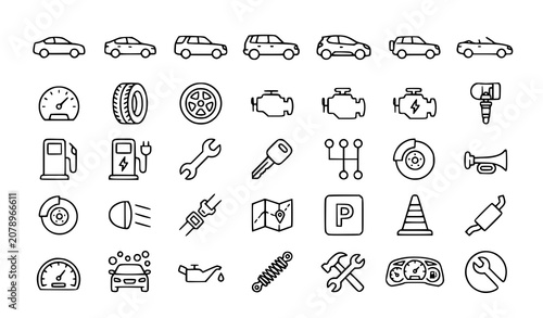 Automotive icons set vehicle repair maintenance and safety symbols