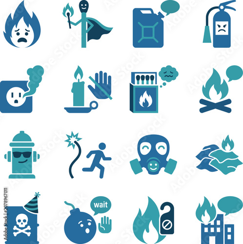 Flat Design Vector Icon Set Illustrating Fire Safety, Hazards, and Emergency Prevention Concepts