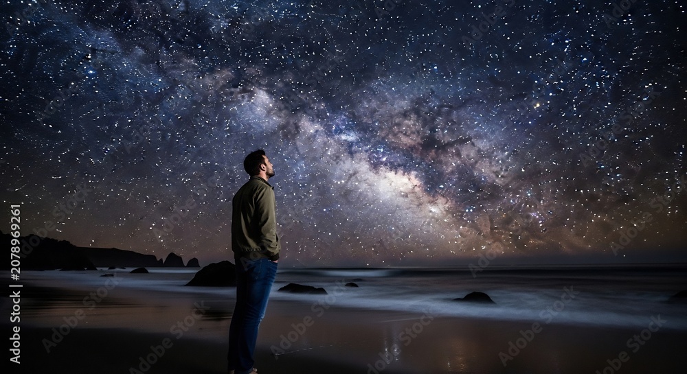 Fototapeta premium Man standing on a beach under the vast Milky Way galaxy starry sky.