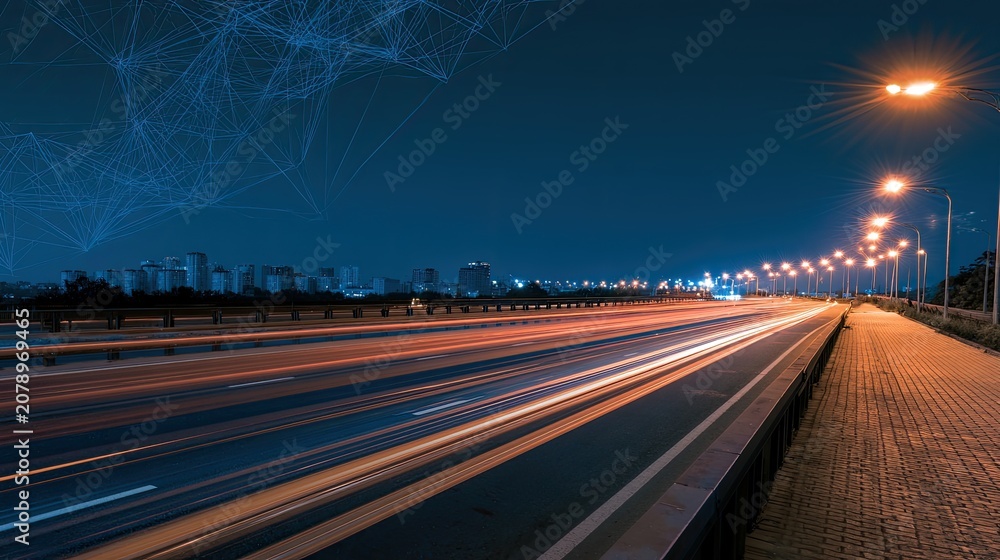 Obraz premium Nighttime Highway Light Trails with Cityscape Silhouette.