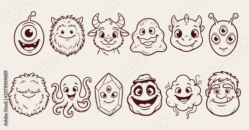 Cuadro en lienzo hand drawn monster faces pattern, silly creature sketch background, funny charac