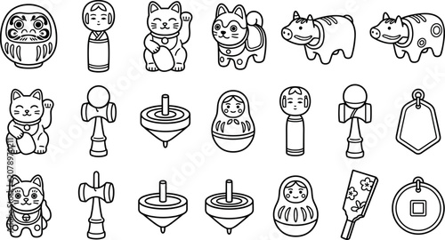 Cuadro en lienzo Traditional Japanese culture and lucky charms line icon set featuring local toys