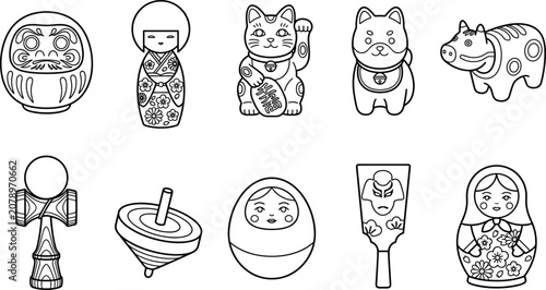 Traditional Japanese folk toys cultural souvenirs lucky charms and nesting dolls outline vector icons set