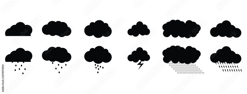 Obraz premium Fluffy clouds silhouettes. Vector set of dark clouds shapes. Data technology icons pack . Cloud icon. Vector illustration.