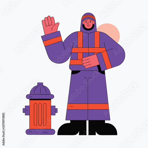 Firefighter Safety Worker With Fire Hydrant Vector Illustration