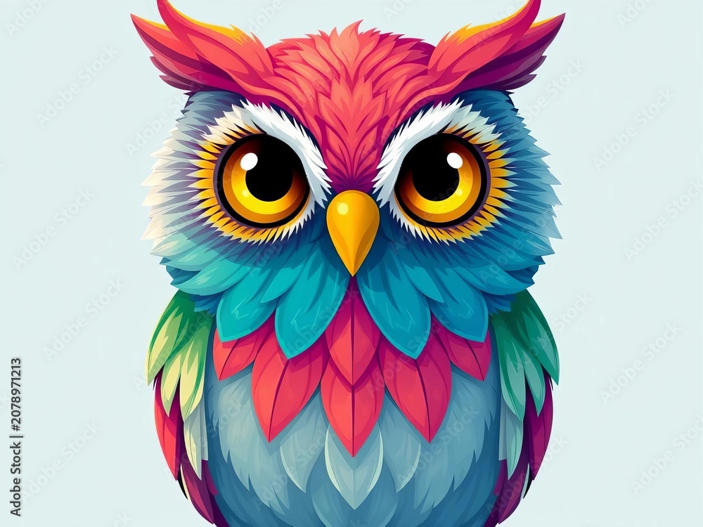 Naklejka premium Whimsical illustration of a brightly colored owl with expressive eyes and intricate feathers, wildlife, colors
