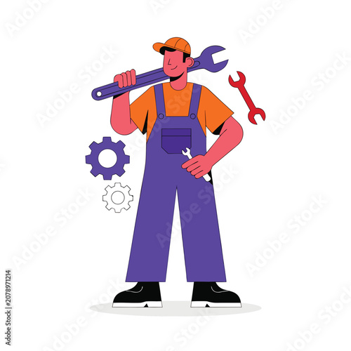 Mechanic Repair Worker Holding Wrench and Tools Vector Illustration