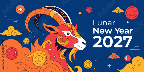Lunar new year 2027 festive vector graphic with a colorful goat illustration on blue background colorful illustration celebration traditional cultural horoscope astrology