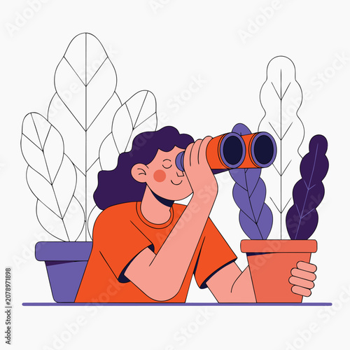 Nature Observation Boy With Binoculars and Plants Vector Illustration