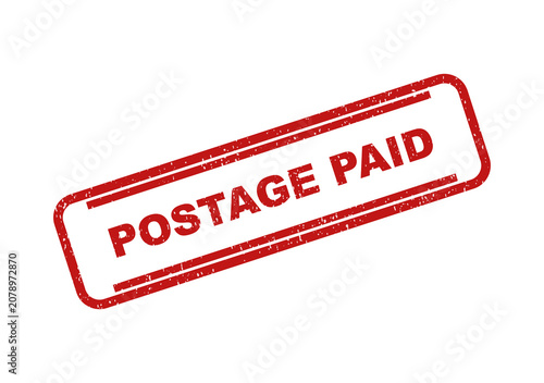 Red postage paid rubber stamp ink mark for mail and shipping labels