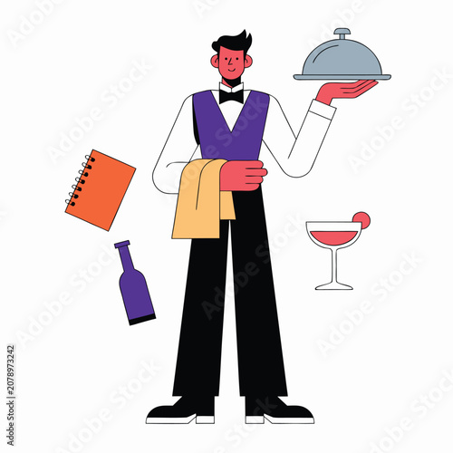 Professional Waiter Serving Food in Restaurant Service Vector Illustration