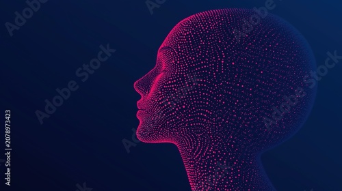 Abstract digital human head formed by glowing particles, symbolizing artificial intelligence, neural networks, machine learning, data processing and future technology. Copy space