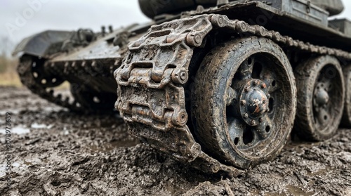 Extreme Closeup Texture of Heavy Duty Military Tank Tracks on Muddy Terrain