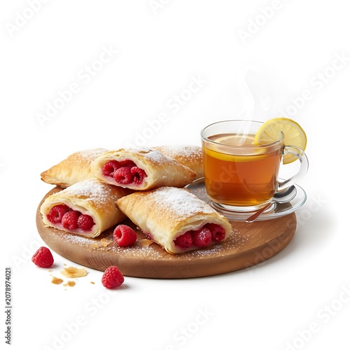 Fresh puff pastries filled with berries and served with strawberries, raspberries, blueberries and currants. Homemade sweet bakery products isolated on a light background.