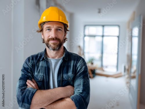Construction worker with hard hat and arms crossed in building.