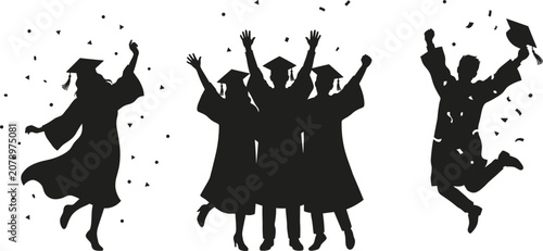 Bild auf Leinwand Graduation silhouettes of diverse students celebrating with caps gowns and confe