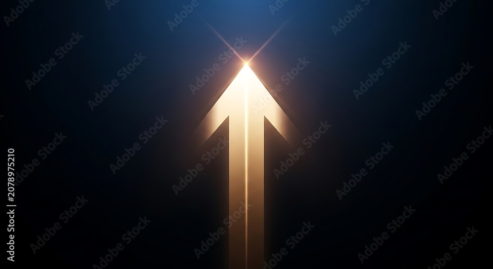 Fototapeta premium Illuminated golden arrow pointing upwards, against a dark blue gradient backdrop