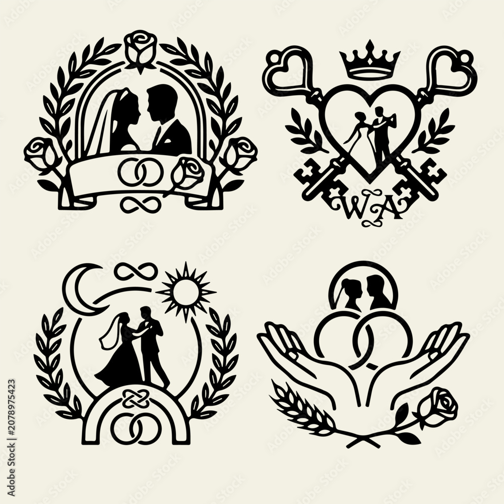 Fototapeta premium Set of four wedding logos with bride and groom silhouettes in vintage engraving style. Monochrome vector emblems featuring romantic couples, geometric frames, and elegant minimalis