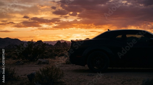 Sleek Modern Sports Car Silhouette Parked on Desert Horizon at Sunset