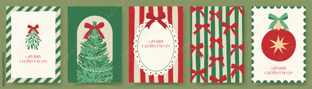 Fototapeta premium Trendy Christmas and New Year cards. Retro Christmas posters with bows, ball, fir-tree, mistletoe and typography design. Contemporary minimalist New Year flyers for branding, cover, social media
