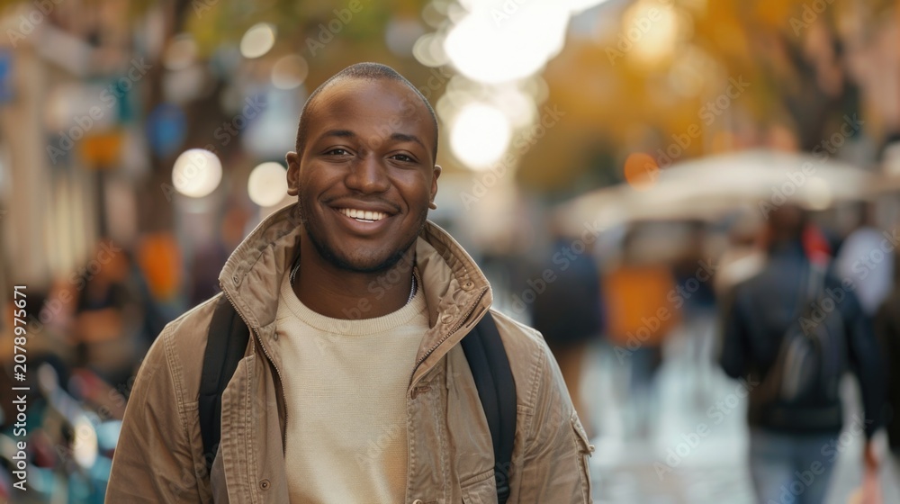 Naklejka premium Portrait of a handsome smiling African American man standing on the street.