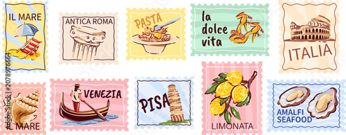 Italian stamp set with Amalfi coast, gelato, limoncello, lemons, fish, pizza, olive oil and seafood stamps. Menu, packaging and travel decor with italian stamp set, cartoon vector illustration