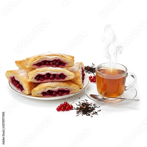 Assorted puff pastries with berry filling served with hot tea. Traditional sweet breakfast concept featuring homemade baked goods and fresh ingredients.