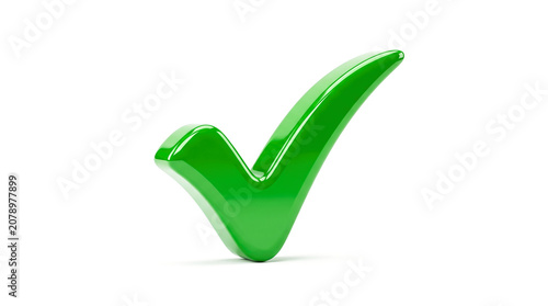 Bright green glossy 3d checkmark correct tick sign isolated on white background representing approval success yes confirmed positive verification approved