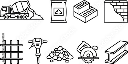 Construction and building materials line icon set featuring concrete mixer truck bricks and tools
